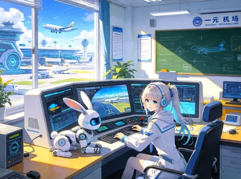 机场控制台前少女与机器兔的动漫风插画